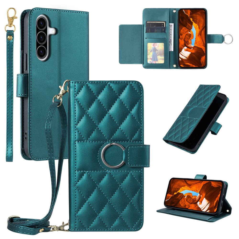Samsung Galaxy A37 5G-cover med ringlukning, pung-etui med rhombemønster, skulderrem og lædermobilcover