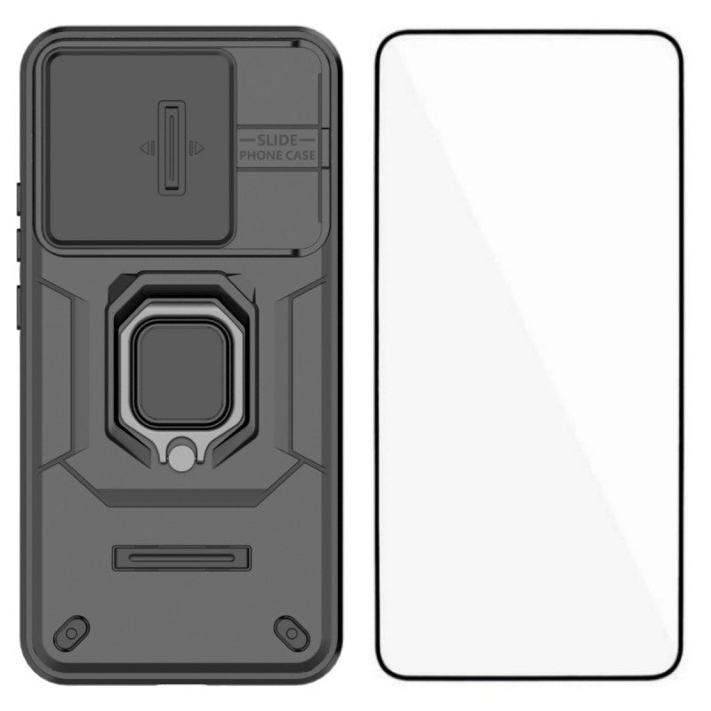 WANLONFENG For Xiaomi 15T Case  ZDX Series PC TPU Kickstand Phone Back Case with Lens Cover + Tempered Glass
