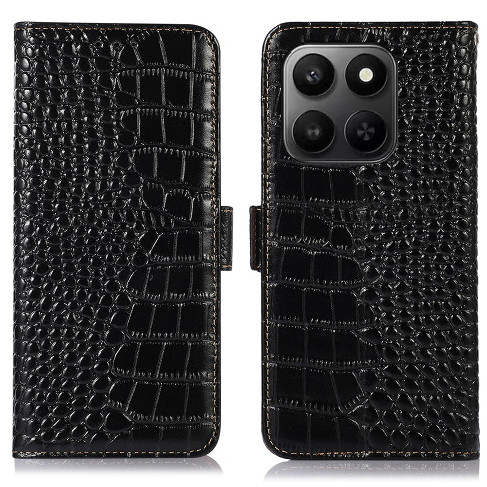 Genuine Cow Leather Case for Honor 400 Smart 4G / 400 Smart 5G / X7d 5G / X7d 4G RFID Blocking Wallet Crocodile Texture Phone Cover