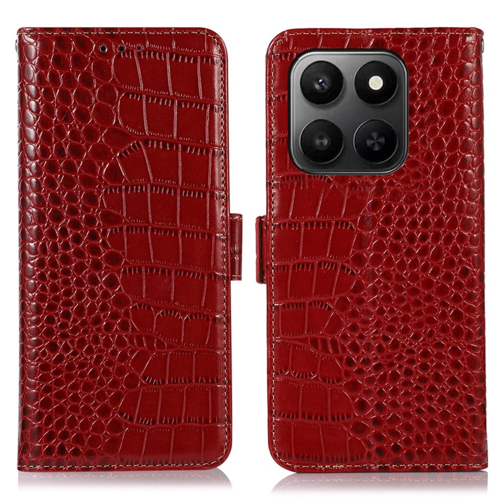 Genuine Cow Leather Case for Honor 400 Smart 4G / 400 Smart 5G / X7d 5G / X7d 4G RFID Blocking Wallet Crocodile Texture Phone Cover