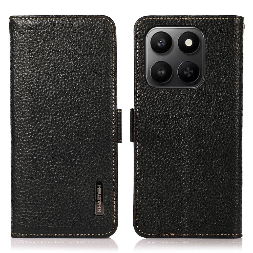 KHAZNEH Phone Case for Honor X7d 5G  /  X7d 4G  /  400 Smart 4G  /  400 Smart 5G Litchi Texture Genuine Cow Leather Cover RFID Blocking