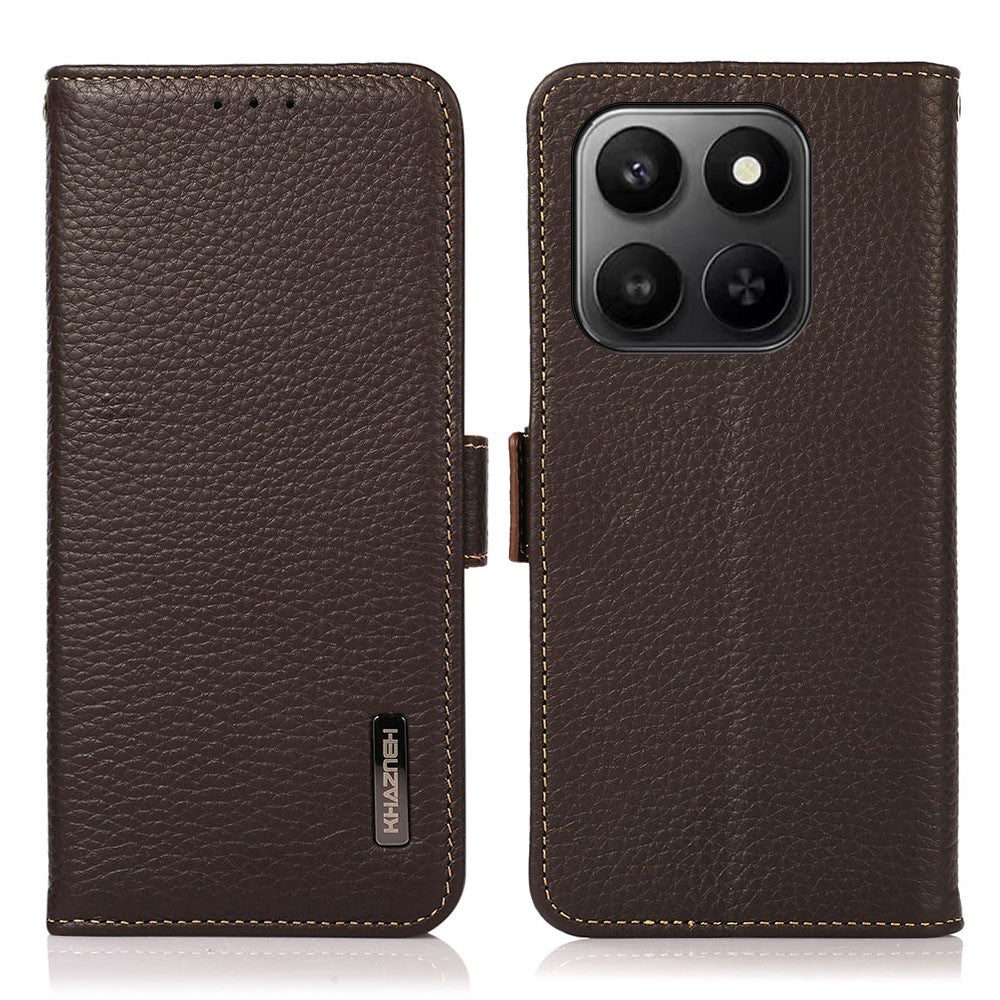KHAZNEH Phone Case for Honor X7d 5G  /  X7d 4G  /  400 Smart 4G  /  400 Smart 5G Litchi Texture Genuine Cow Leather Cover RFID Blocking