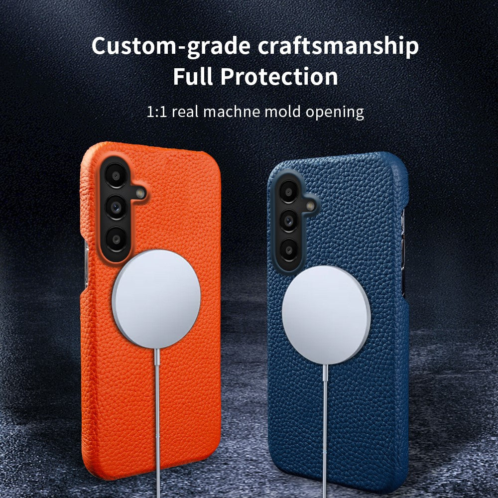 For Samsung Galaxy M16 5G  /  F16 5G Magnetic Case Litchi Texture Genuine Cow Leather + PC Shockproof Phone Back Cover