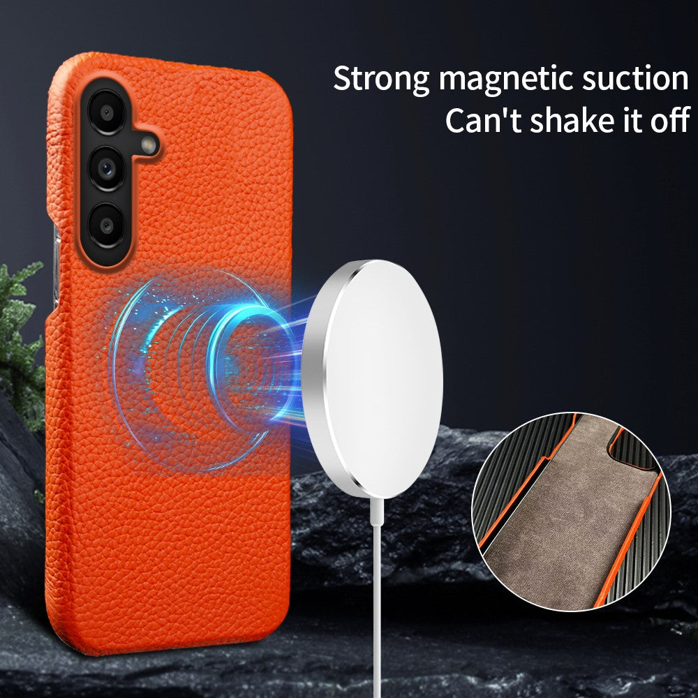 For Samsung Galaxy M16 5G  /  F16 5G Magnetic Case Litchi Texture Genuine Cow Leather + PC Shockproof Phone Back Cover