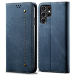 Samsung Galaxy S26 Ultra-skal i jeanstyg med reptåligt läder, stativ och mobilskal