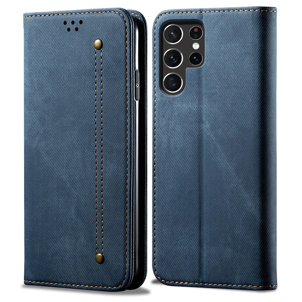 Samsung Galaxy S26 Ultra-skal i jeanstyg med reptåligt läder, stativ och mobilskal