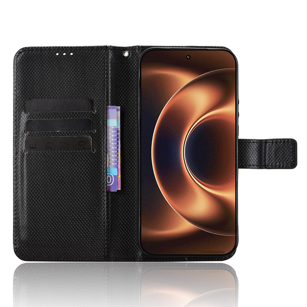 For Xiaomi 17 Ultra by Leica / Xiaomi 17 Ultra 5G Leather Wallet Case with Strap Diamond Texture Phone Cover