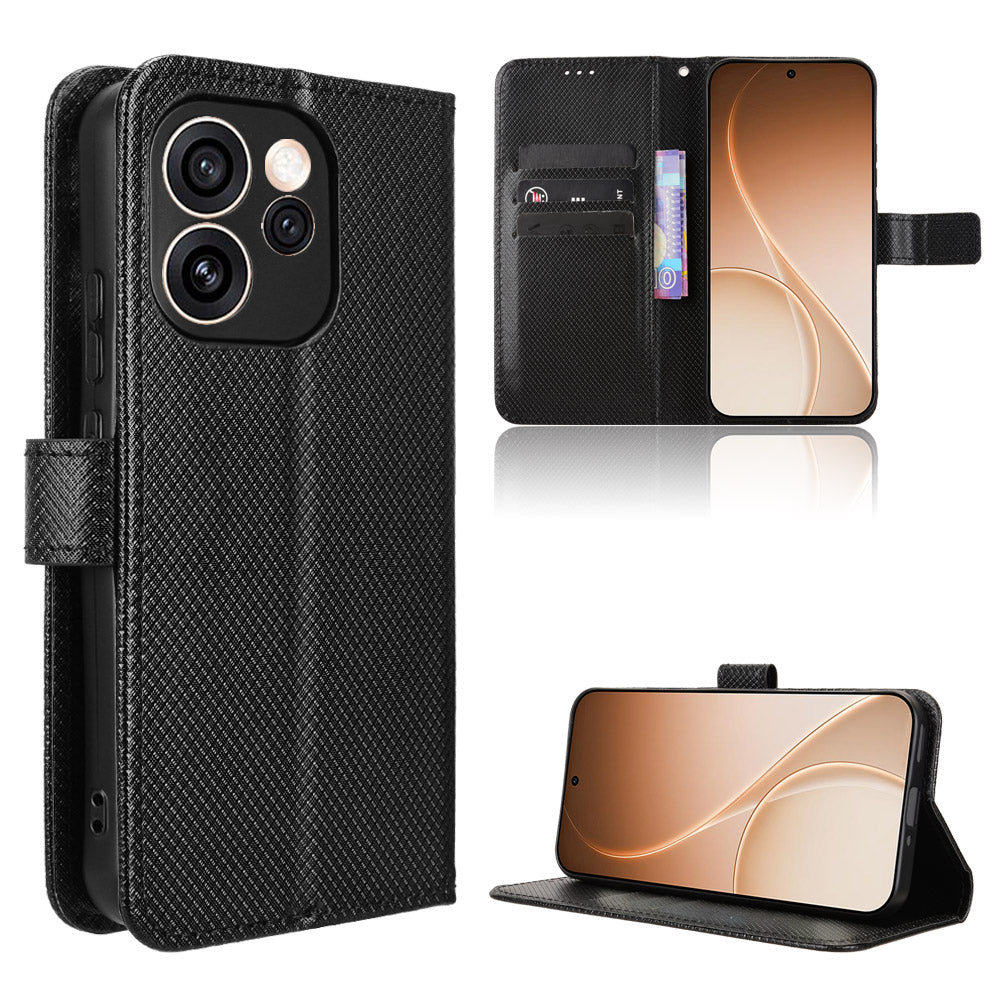 For Oppo Reno15 FS 5G / Oppo Reno15 F 5G Leather Wallet Case with Strap Diamond Texture Phone Cover