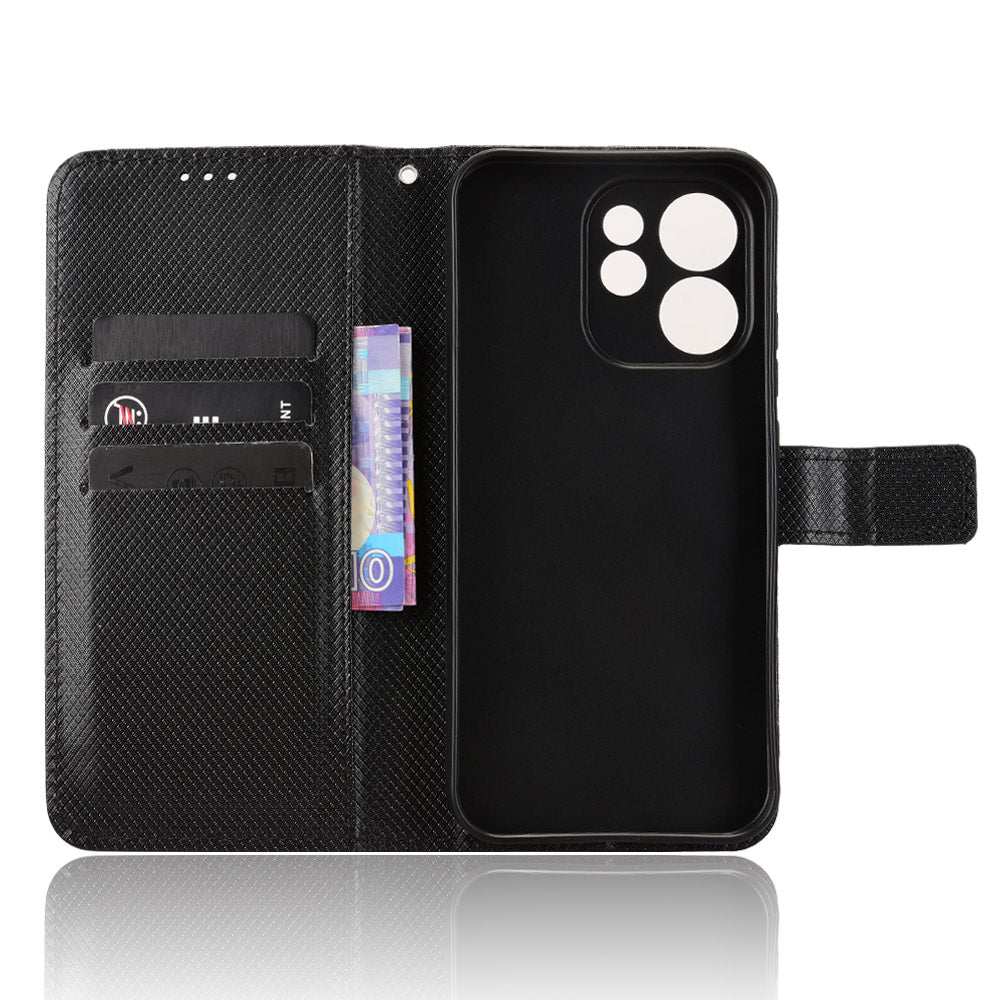 For Oppo Reno15 FS 5G / Oppo Reno15 F 5G Leather Wallet Case with Strap Diamond Texture Phone Cover