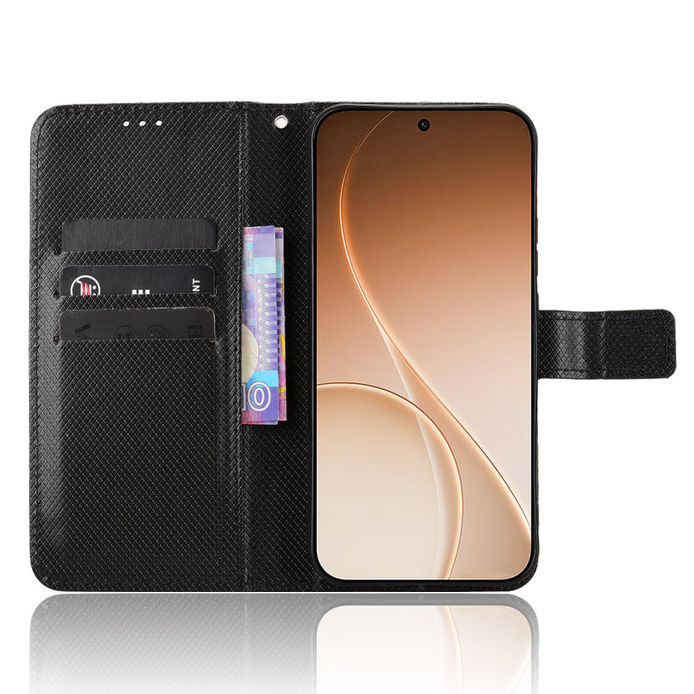 For Oppo Reno15 FS 5G / Oppo Reno15 F 5G Leather Wallet Case with Strap Diamond Texture Phone Cover