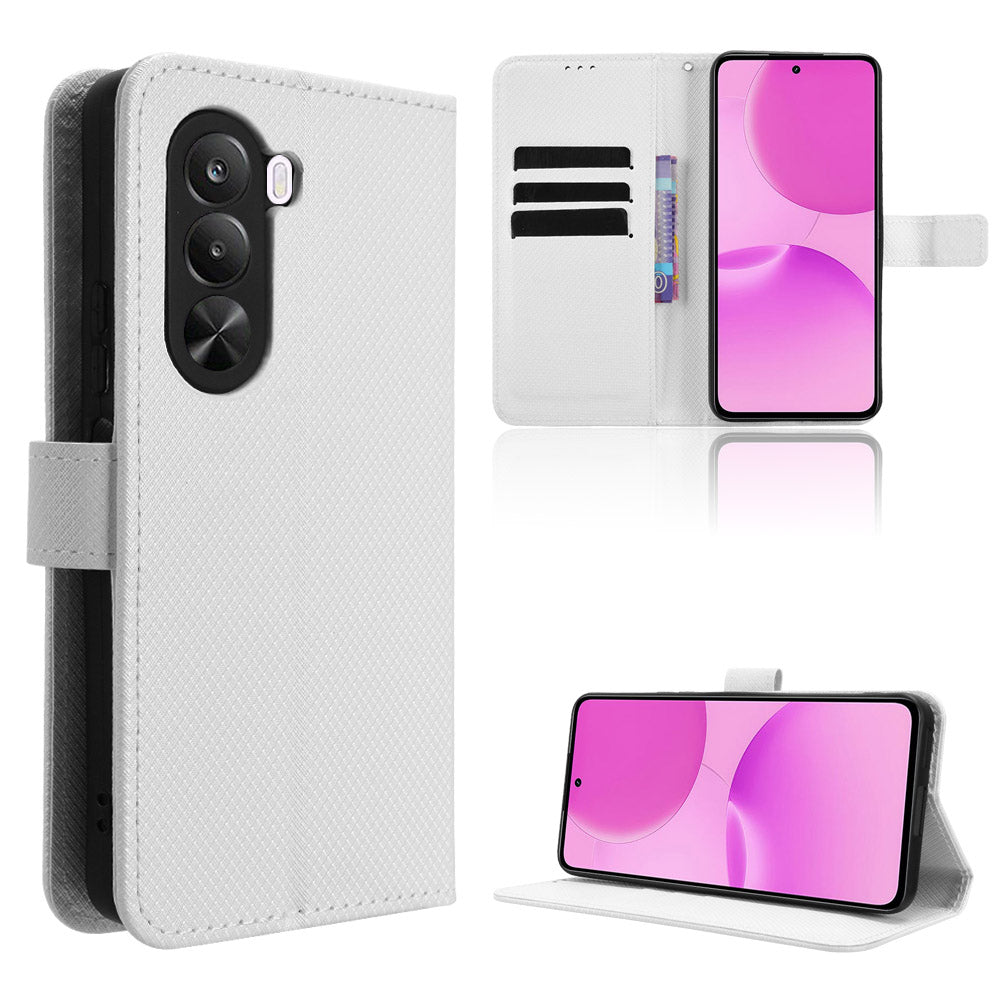 OnePlus Nord CE6 Lite 5G / Turbo 6X 5G / Realme P4x 5G-lædertegnebogsetui med rem, diamantstruktur-mobilcover