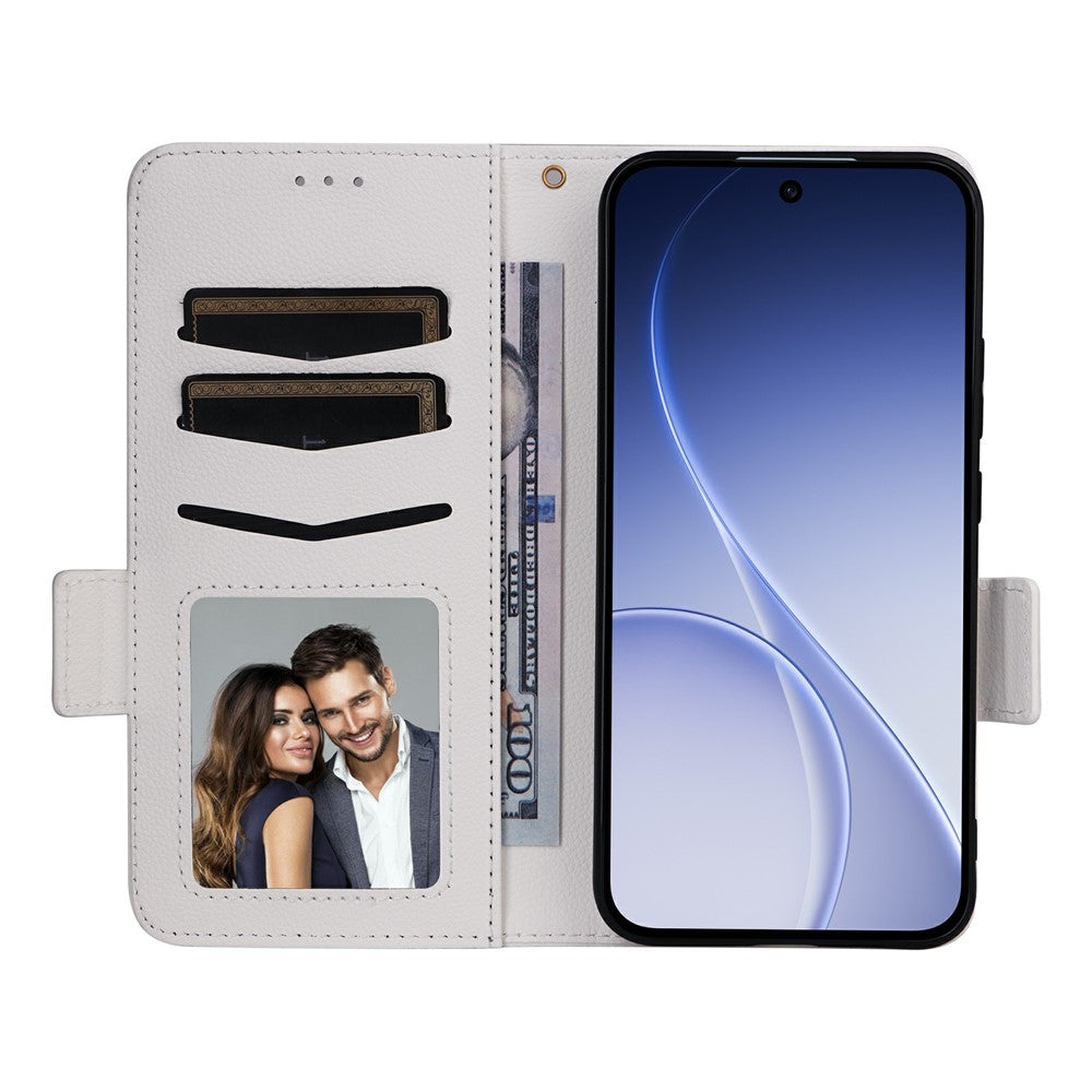 Pungetui i læder med litchi-tekstur til Oppo Reno15 F 5G / Reno15 FS 5G med håndledsrem
