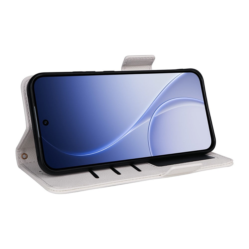 mobilskal till Oppo Reno15 F 5G / Reno15 FS 5G Litchitexturerat plånboksläderfodral med handledsrem