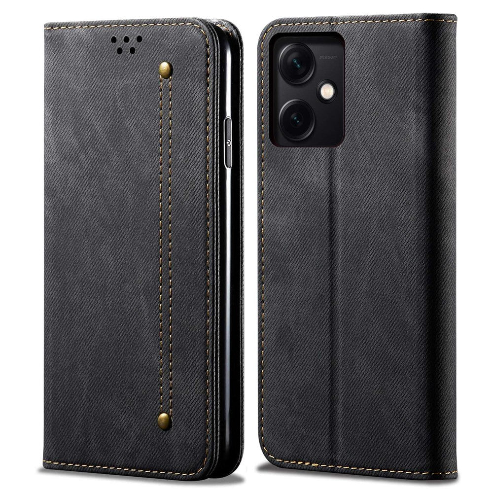 Xiaomi Redmi Note 12 5G (Global) / (Indien) / (Kina) / Poco X5 5G Jeanstygtextur PU-läder Fullt skyddande mobilskal Stativ Magnetiskt absorberande fällbart plånboksfodral