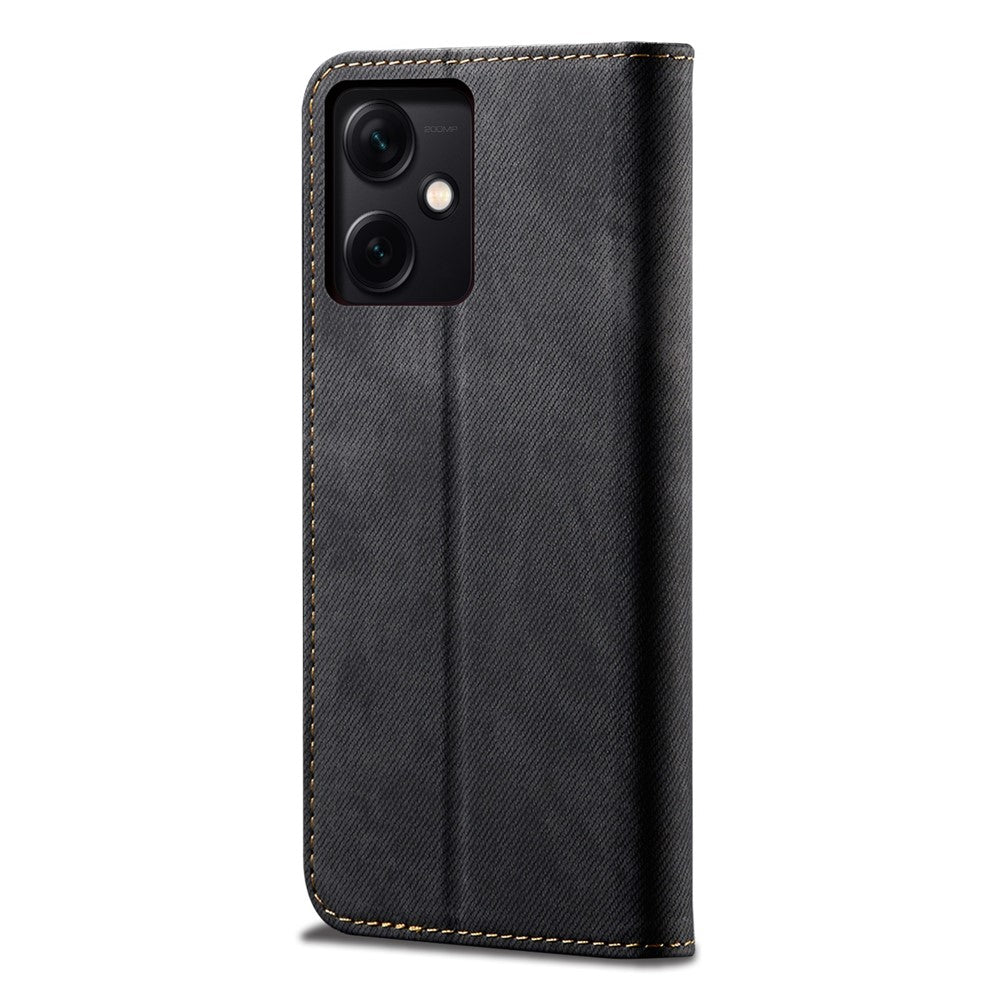 Xiaomi Redmi Note 12 5G (Global) / (Indien) / (Kina) / Poco X5 5G Jeanstygtextur PU-läder Fullt skyddande mobilskal Stativ Magnetiskt absorberande fällbart plånboksfodral