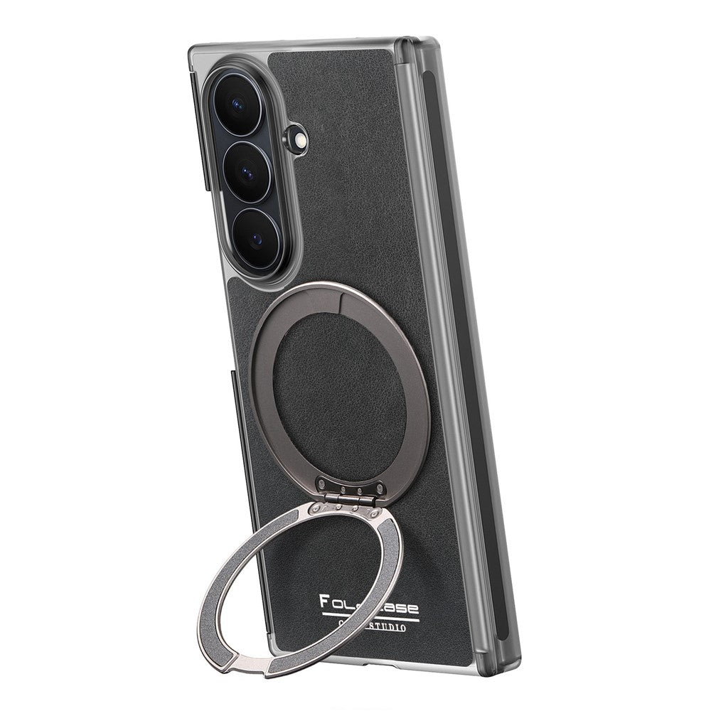For Samsung Galaxy Z TriFold 5G Magnetic Case with 360° Rotating Ring Kickstand PU TPU PC Dual Axis Shockproof Phone Cover