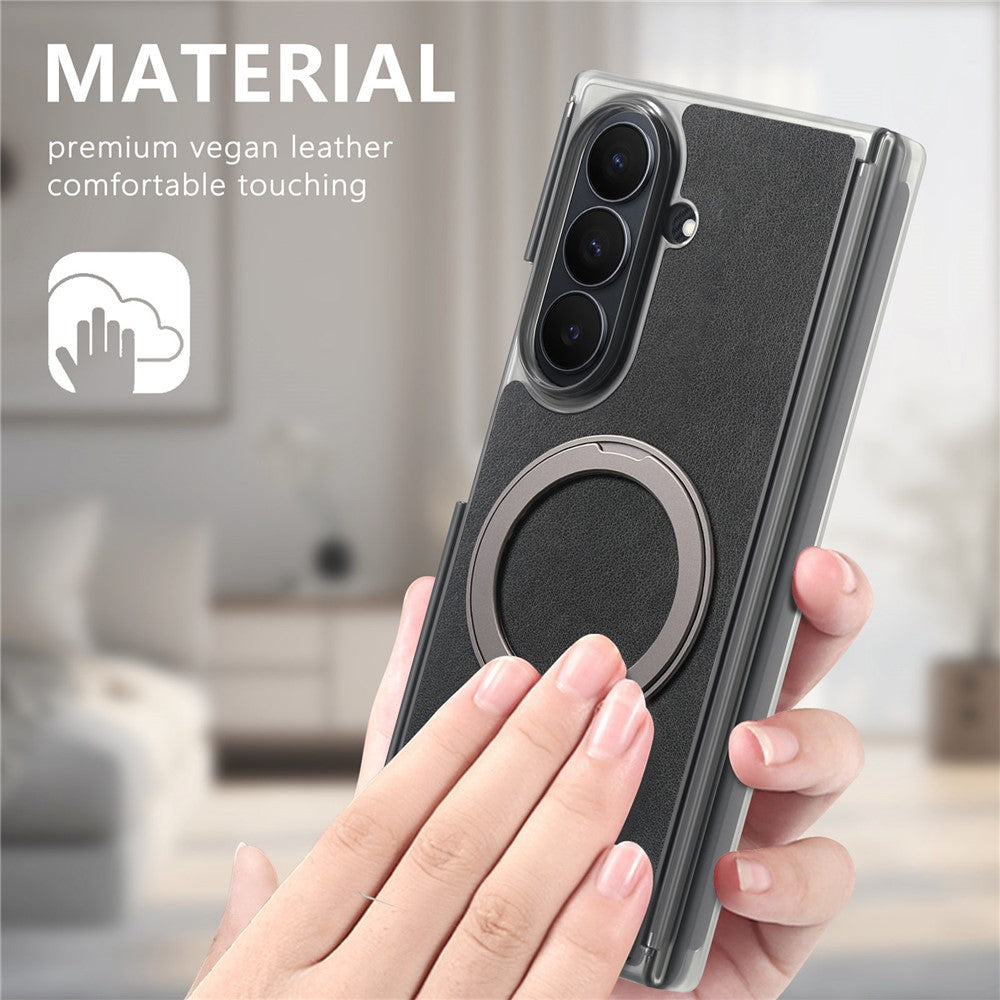 For Samsung Galaxy Z TriFold 5G Magnetic Case with 360° Rotating Ring Kickstand PU TPU PC Dual Axis Shockproof Phone Cover