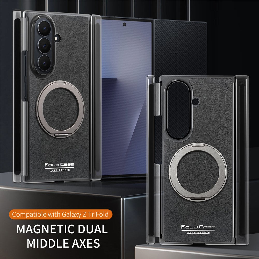 For Samsung Galaxy Z TriFold 5G Magnetic Case with 360° Rotating Ring Kickstand PU TPU PC Dual Axis Shockproof Phone Cover