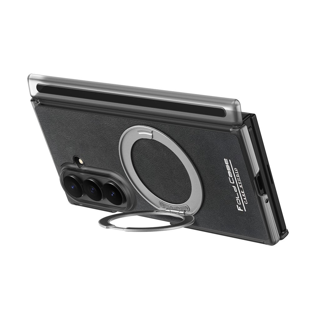 For Samsung Galaxy Z TriFold 5G Magnetic Case with 360° Rotating Ring Kickstand PU TPU PC Dual Axis Shockproof Phone Cover
