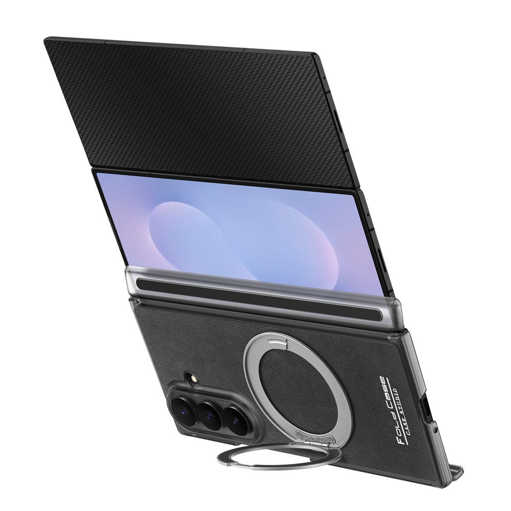 For Samsung Galaxy Z TriFold 5G Magnetic Case with 360° Rotating Ring Kickstand PU TPU PC Dual Axis Shockproof Phone Cover