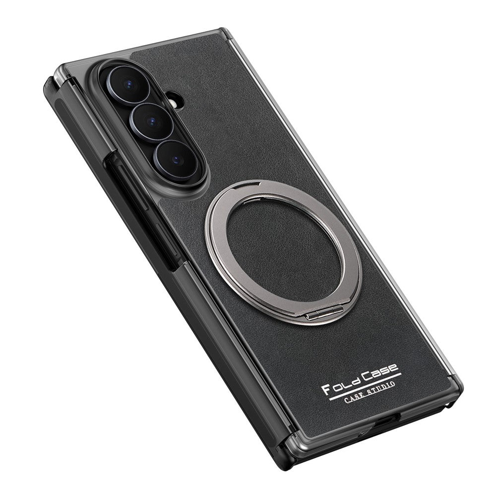 For Samsung Galaxy Z TriFold 5G Magnetic Case with 360° Rotating Ring Kickstand PU TPU PC Dual Axis Shockproof Phone Cover
