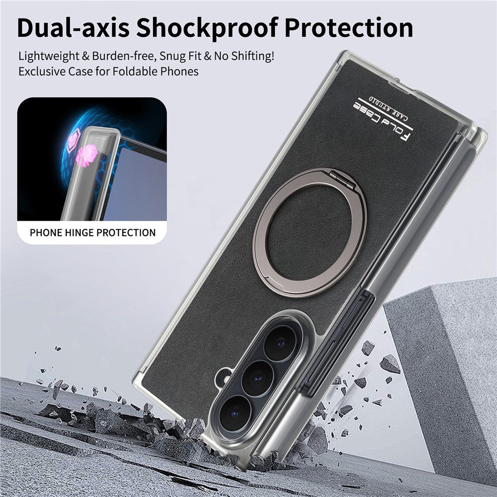 For Samsung Galaxy Z TriFold 5G Magnetic Case with 360° Rotating Ring Kickstand PU TPU PC Dual Axis Shockproof Phone Cover