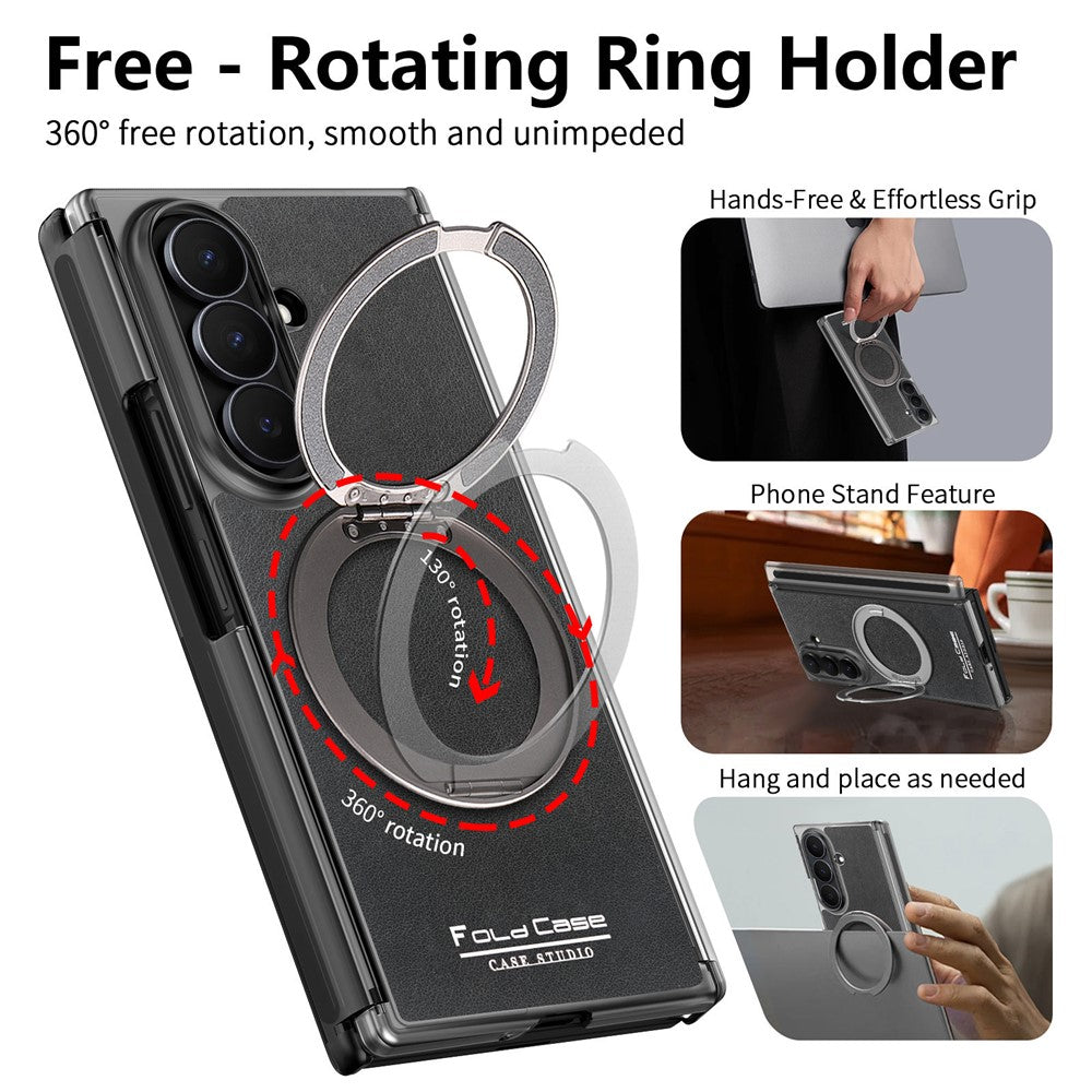 For Samsung Galaxy Z TriFold 5G Magnetic Case with 360° Rotating Ring Kickstand PU TPU PC Dual Axis Shockproof Phone Cover