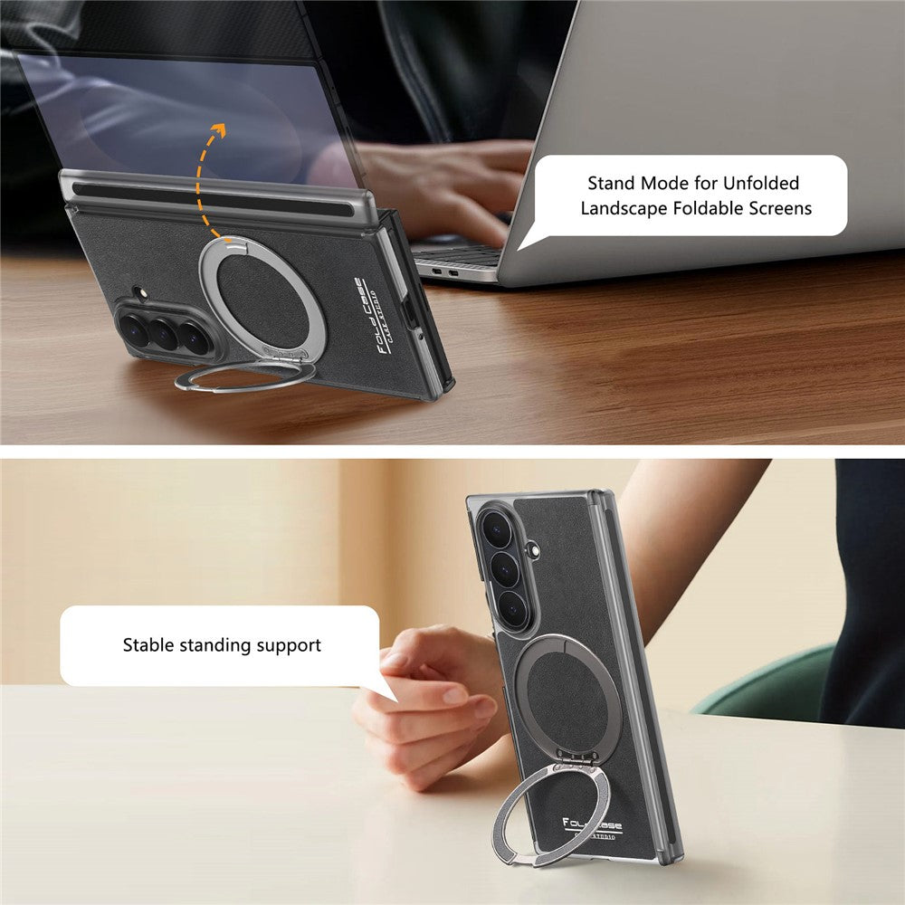 For Samsung Galaxy Z TriFold 5G Magnetic Case with 360° Rotating Ring Kickstand PU TPU PC Dual Axis Shockproof Phone Cover