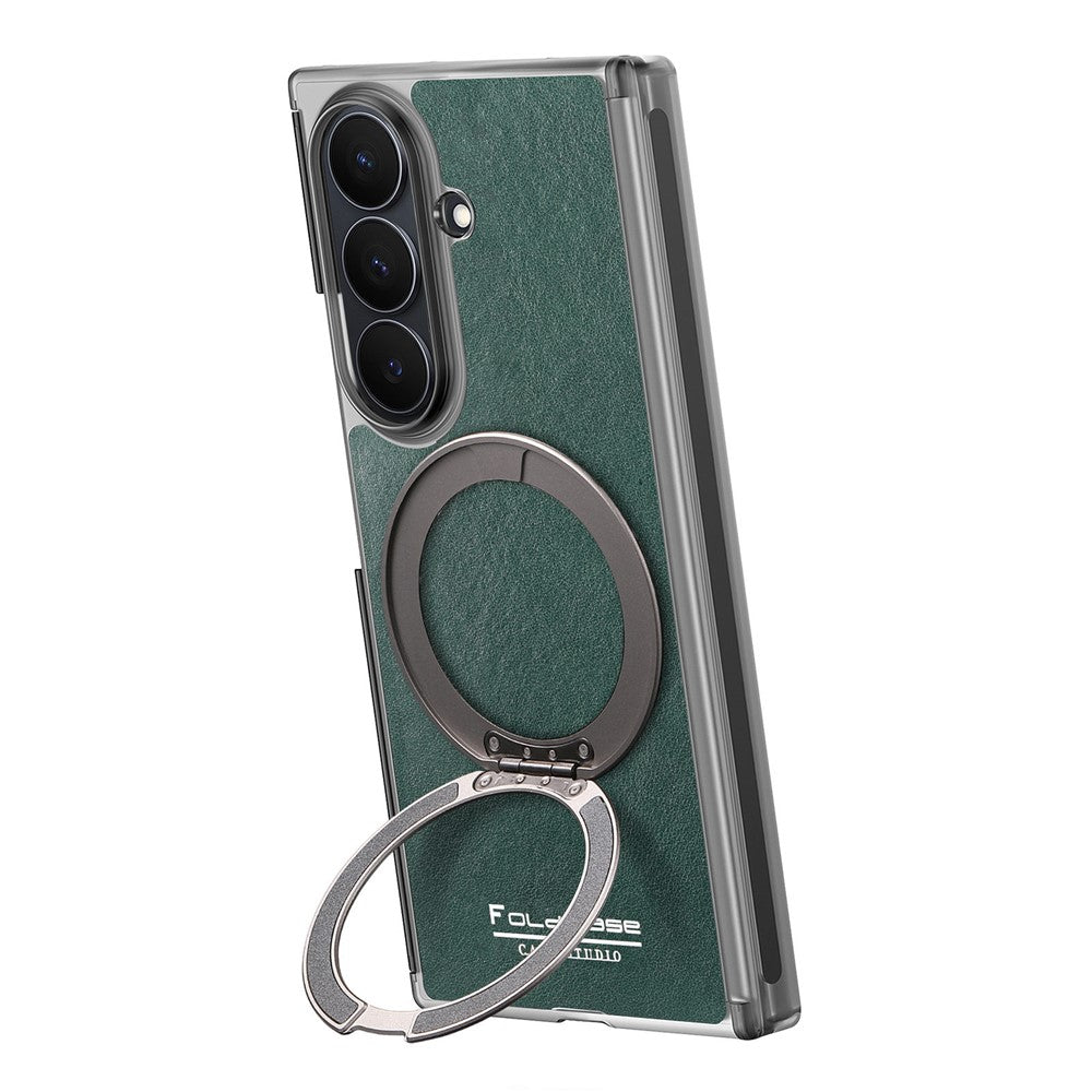 For Samsung Galaxy Z TriFold 5G Magnetic Case with 360° Rotating Ring Kickstand PU TPU PC Dual Axis Shockproof Phone Cover