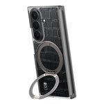 For Samsung Galaxy Z TriFold 5G Magnetic Case Crocodile Texture Leather Dual Axis Phone Cover with 360° Ring Kickstand