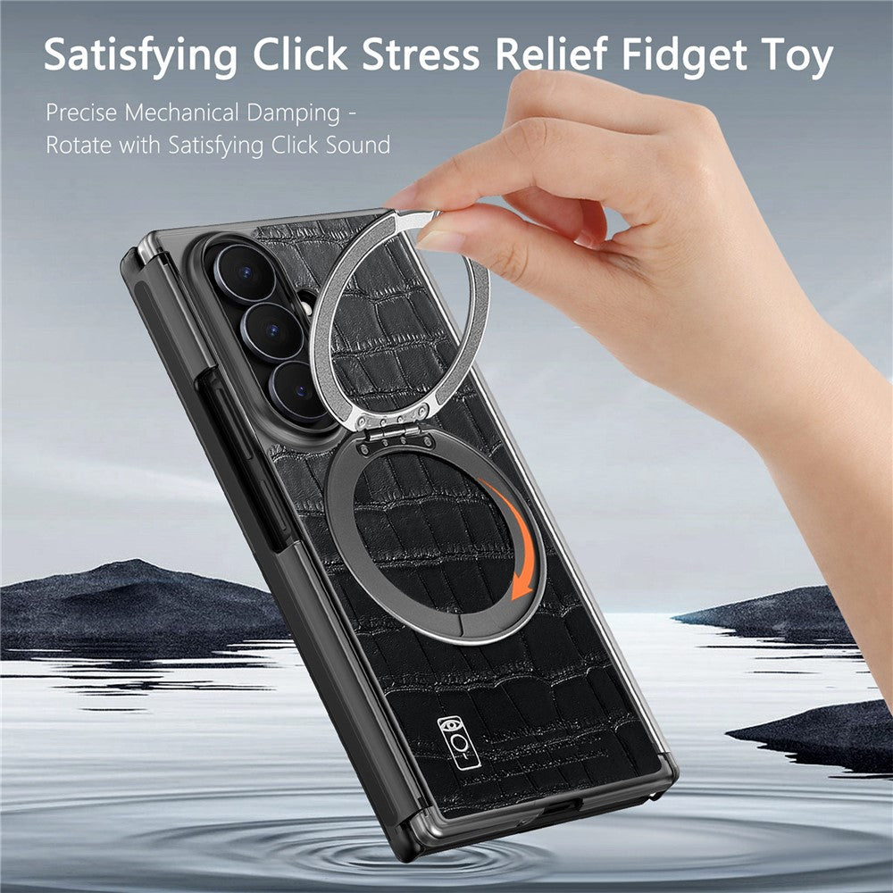 For Samsung Galaxy Z TriFold 5G Magnetic Case Crocodile Texture Leather Dual Axis Phone Cover with 360° Ring Kickstand