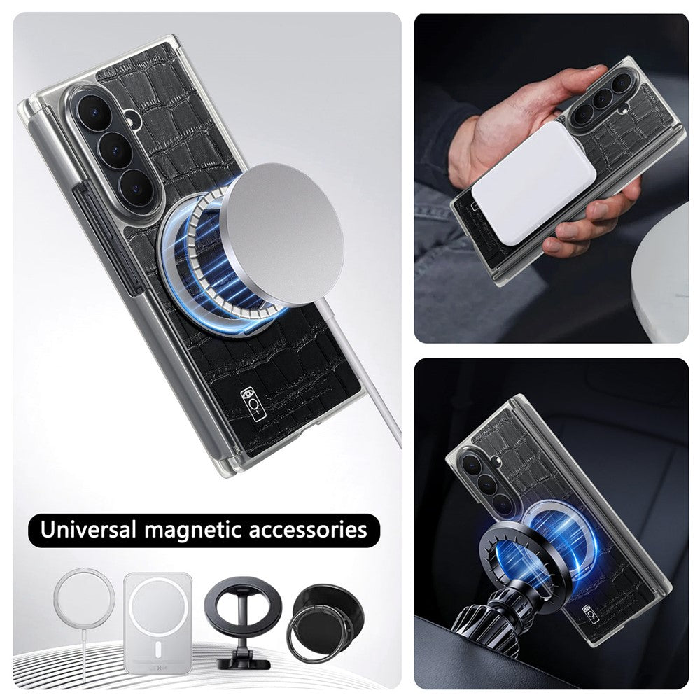 For Samsung Galaxy Z TriFold 5G Magnetic Case Crocodile Texture Leather Dual Axis Phone Cover with 360° Ring Kickstand