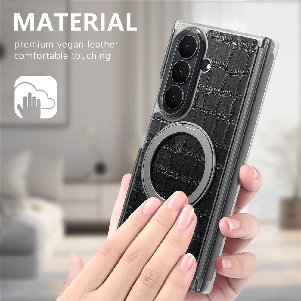 For Samsung Galaxy Z TriFold 5G Magnetic Case Crocodile Texture Leather Dual Axis Phone Cover with 360° Ring Kickstand