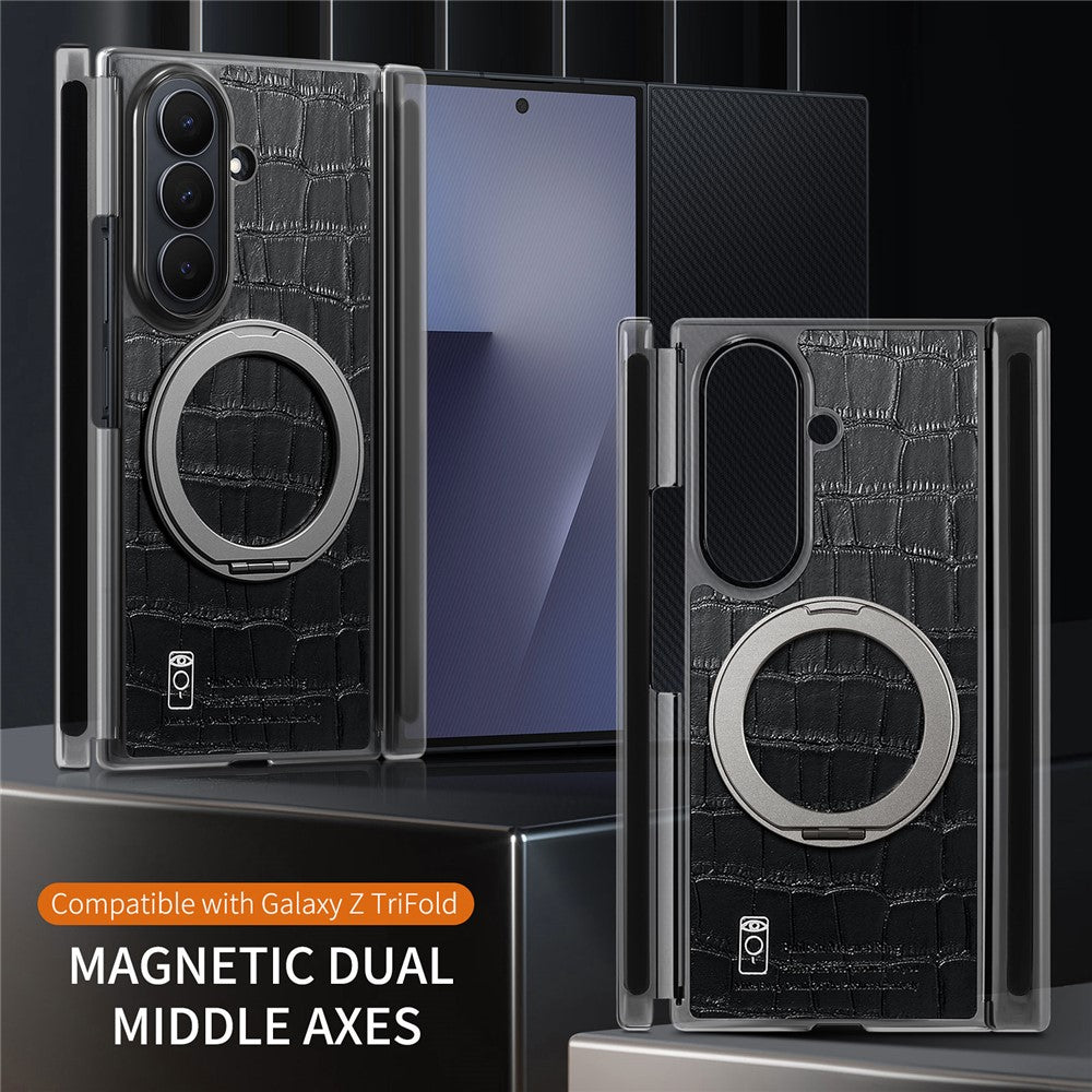 For Samsung Galaxy Z TriFold 5G Magnetic Case Crocodile Texture Leather Dual Axis Phone Cover with 360° Ring Kickstand