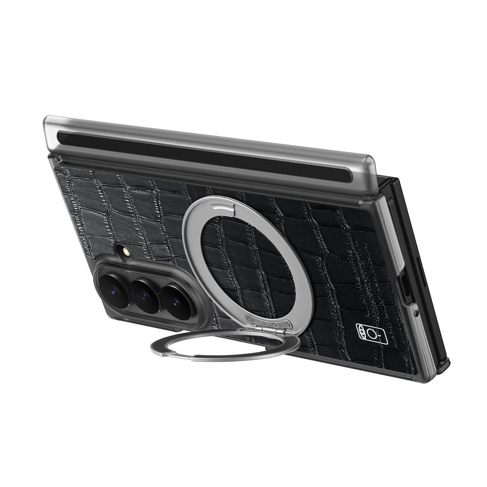 For Samsung Galaxy Z TriFold 5G Magnetic Case Crocodile Texture Leather Dual Axis Phone Cover with 360° Ring Kickstand