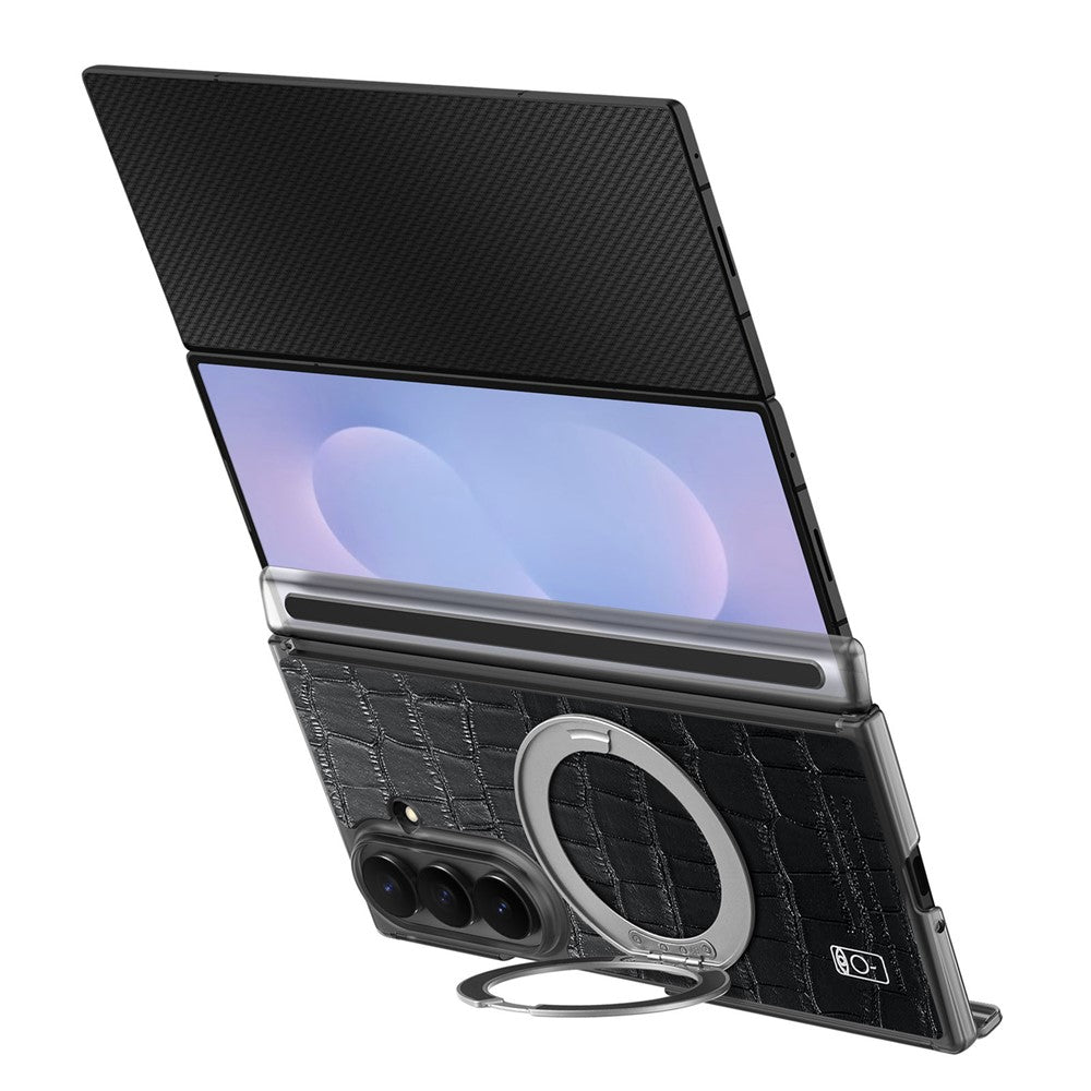 For Samsung Galaxy Z TriFold 5G Magnetic Case Crocodile Texture Leather Dual Axis Phone Cover with 360° Ring Kickstand