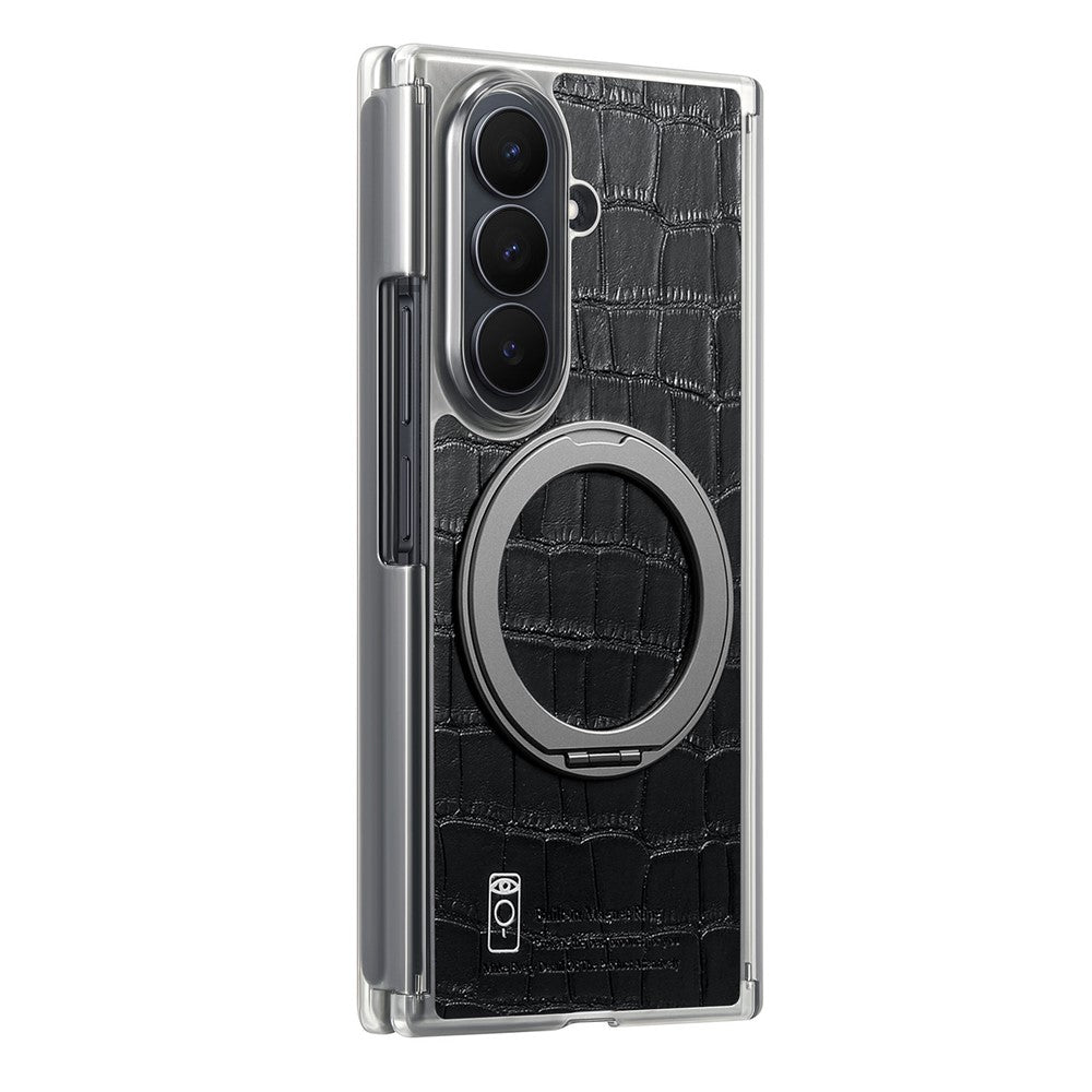 For Samsung Galaxy Z TriFold 5G Magnetic Case Crocodile Texture Leather Dual Axis Phone Cover with 360° Ring Kickstand