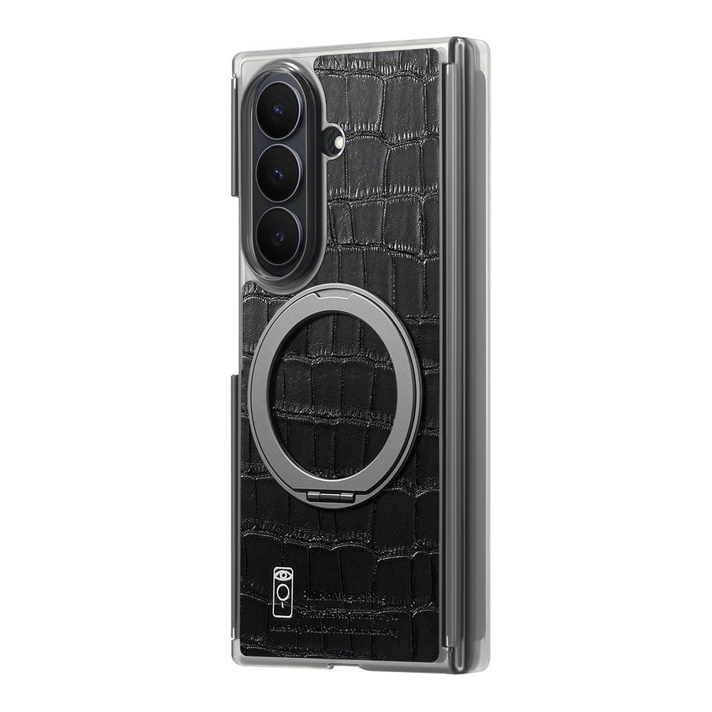 For Samsung Galaxy Z TriFold 5G Magnetic Case Crocodile Texture Leather Dual Axis Phone Cover with 360° Ring Kickstand