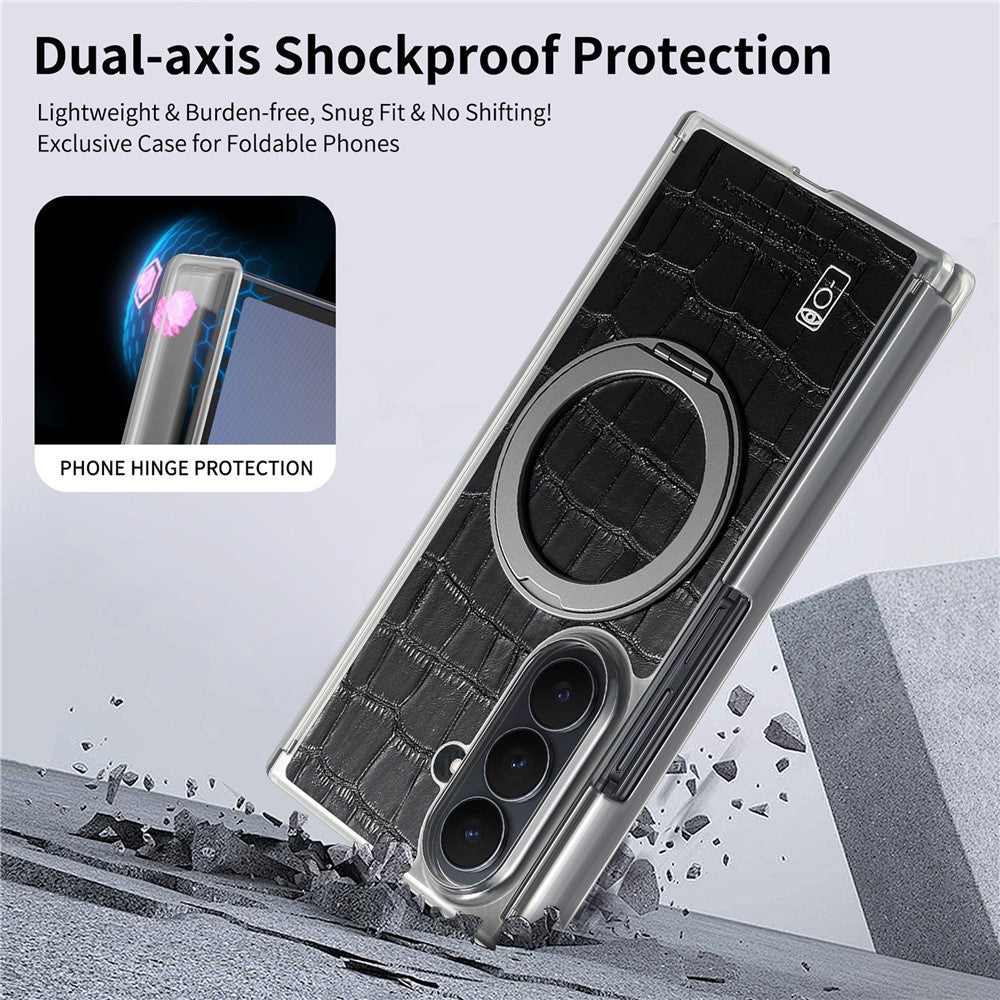 For Samsung Galaxy Z TriFold 5G Magnetic Case Crocodile Texture Leather Dual Axis Phone Cover with 360° Ring Kickstand