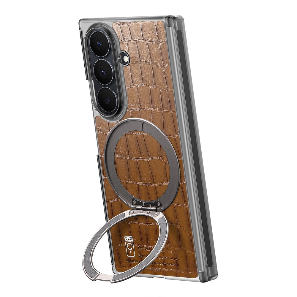 For Samsung Galaxy Z TriFold 5G Magnetic Case Crocodile Texture Leather Dual Axis Phone Cover with 360° Ring Kickstand
