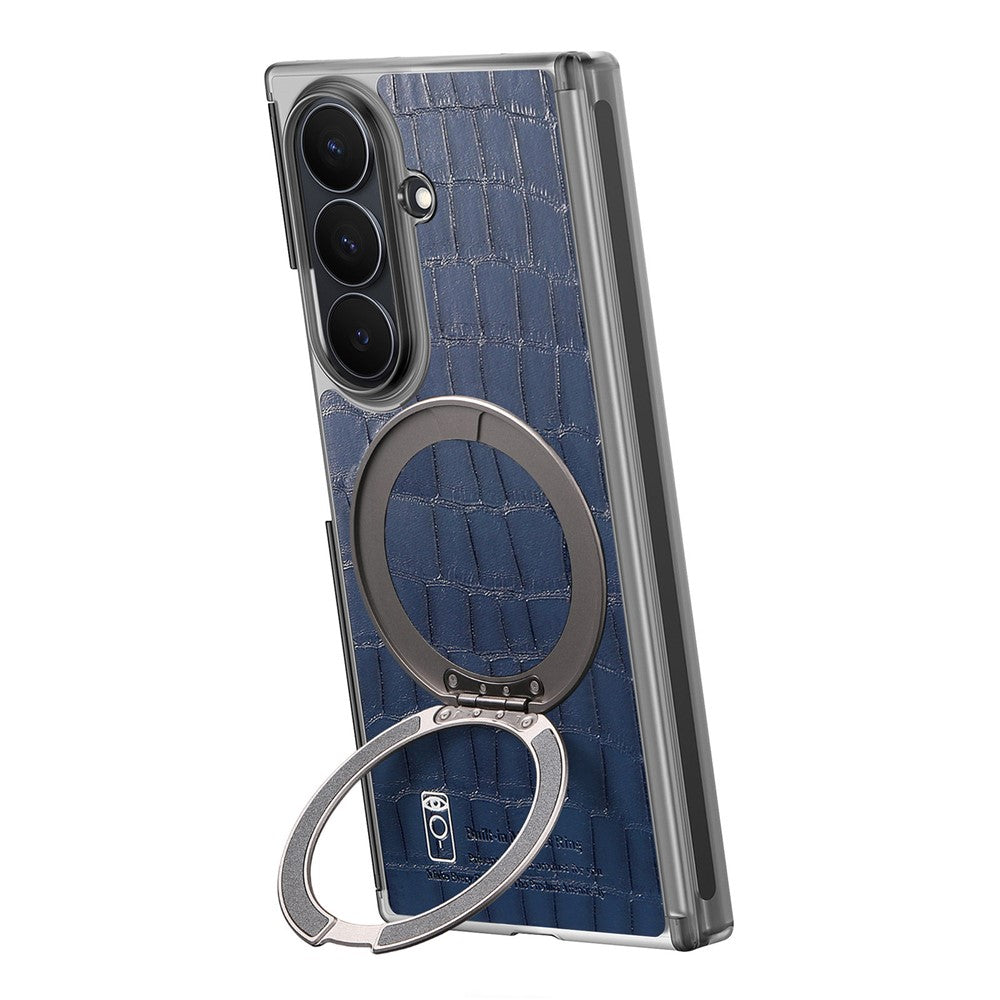 For Samsung Galaxy Z TriFold 5G Magnetic Case Crocodile Texture Leather Dual Axis Phone Cover with 360° Ring Kickstand