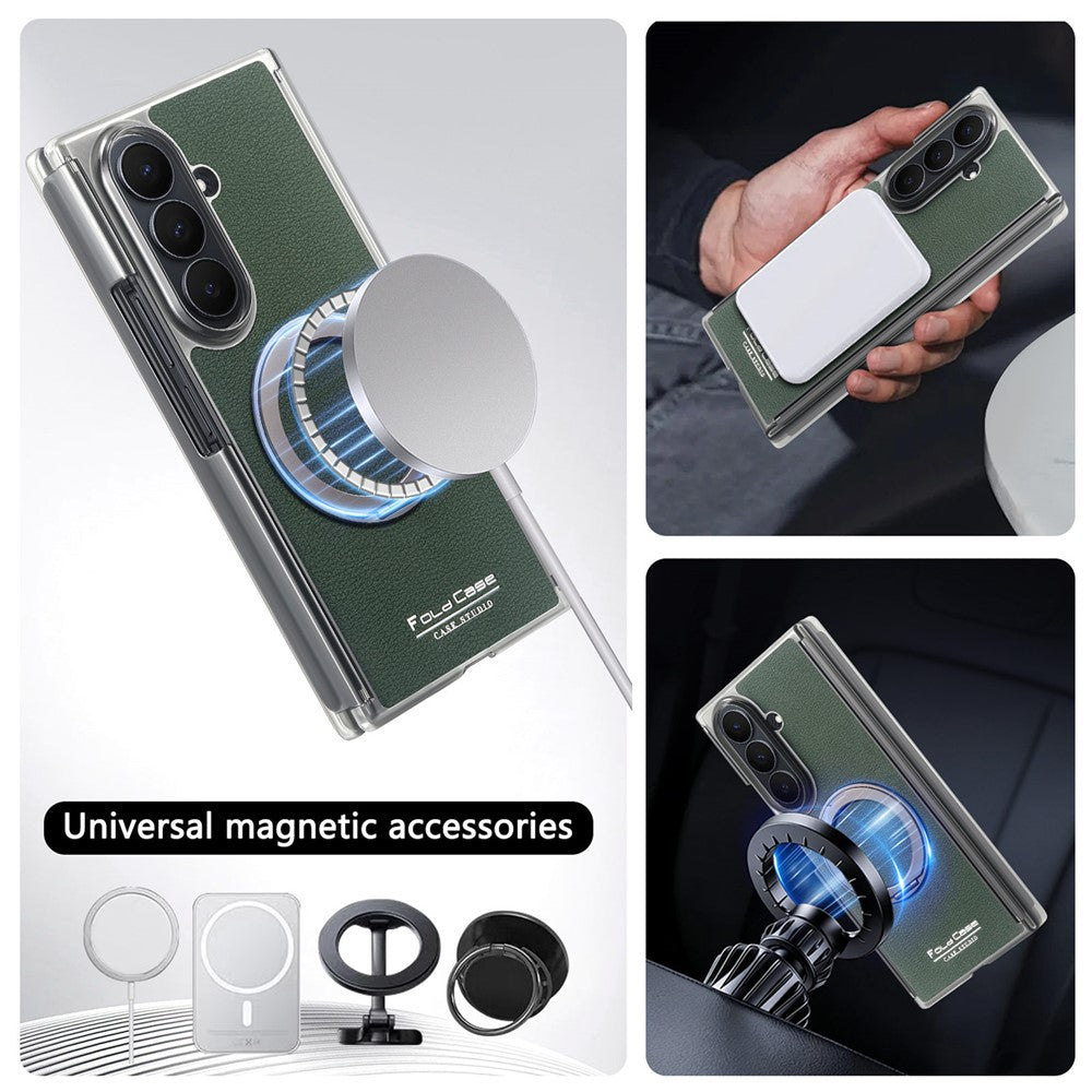 Til Samsung Galaxy Z TriFold 5G Magnetisk Etui Litchi Tekstur Læder Telefoncover med 360 Roterende Ring Kickstand