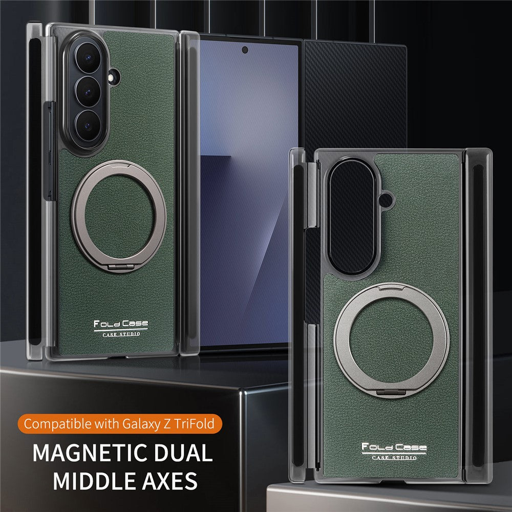 Til Samsung Galaxy Z TriFold 5G Magnetisk Etui Litchi Tekstur Læder Telefoncover med 360 Roterende Ring Kickstand