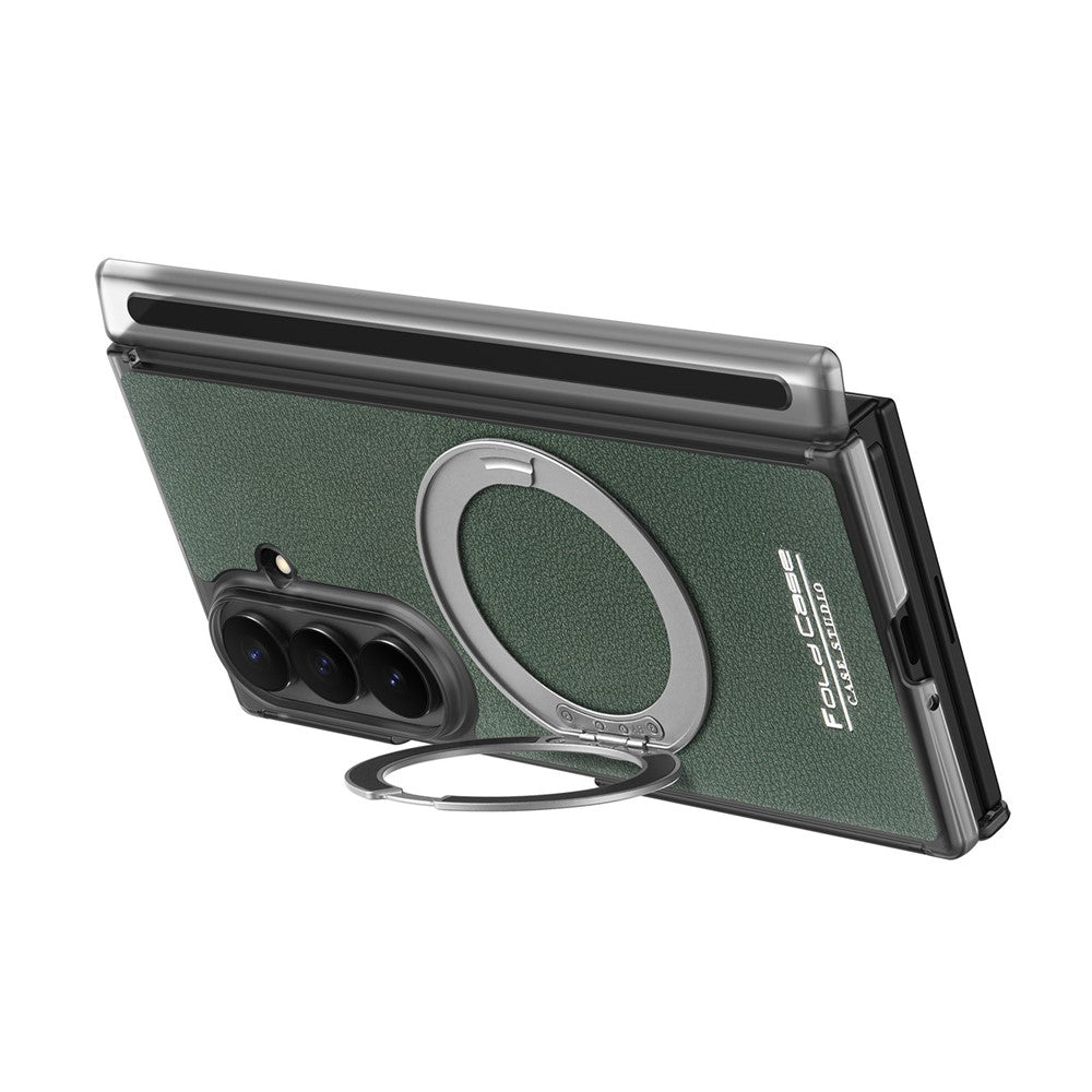 Til Samsung Galaxy Z TriFold 5G Magnetisk Etui Litchi Tekstur Læder Telefoncover med 360 Roterende Ring Kickstand