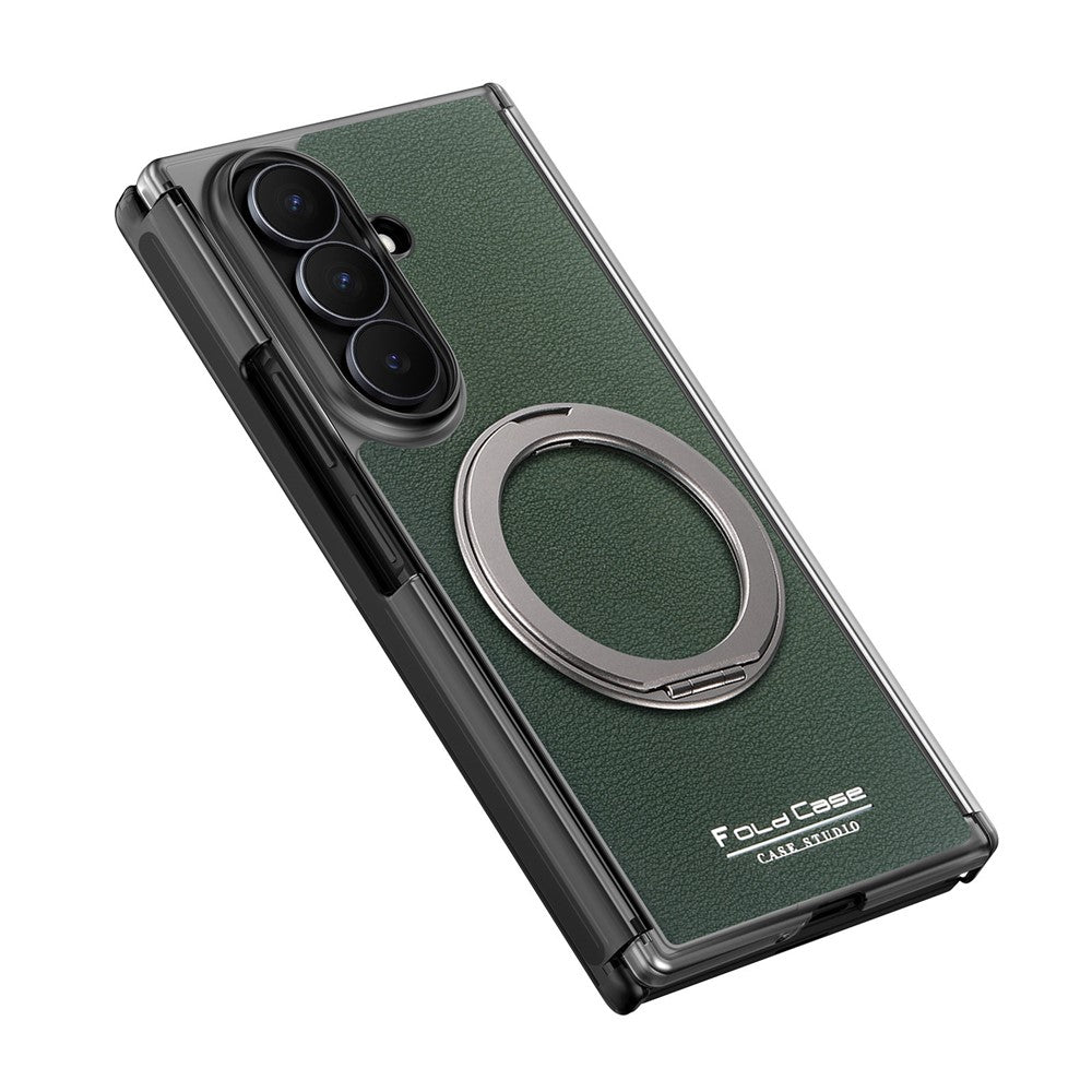 Til Samsung Galaxy Z TriFold 5G Magnetisk Etui Litchi Tekstur Læder Telefoncover med 360 Roterende Ring Kickstand