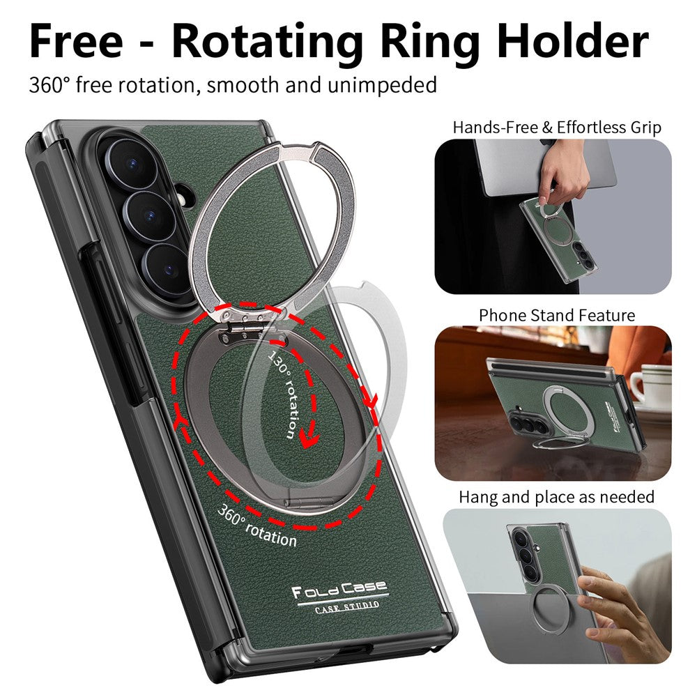 Til Samsung Galaxy Z TriFold 5G Magnetisk Etui Litchi Tekstur Læder Telefoncover med 360 Roterende Ring Kickstand