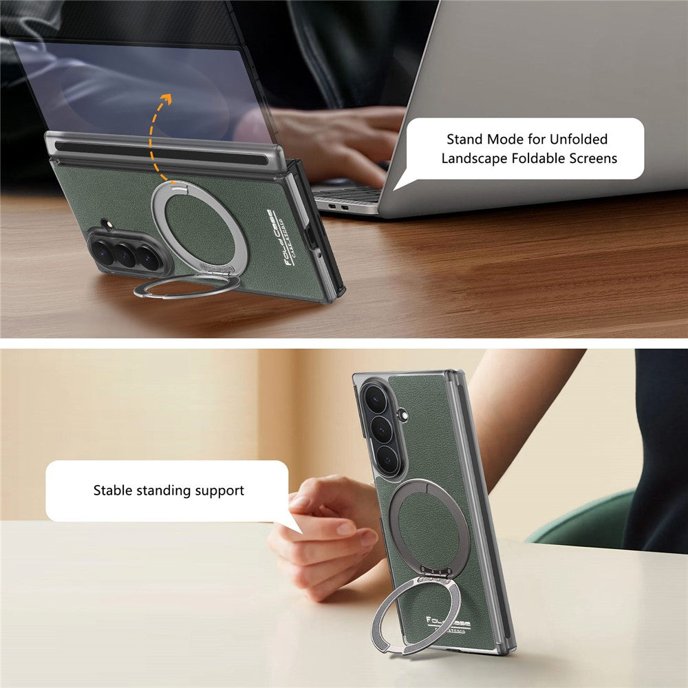Til Samsung Galaxy Z TriFold 5G Magnetisk Etui Litchi Tekstur Læder Telefoncover med 360 Roterende Ring Kickstand