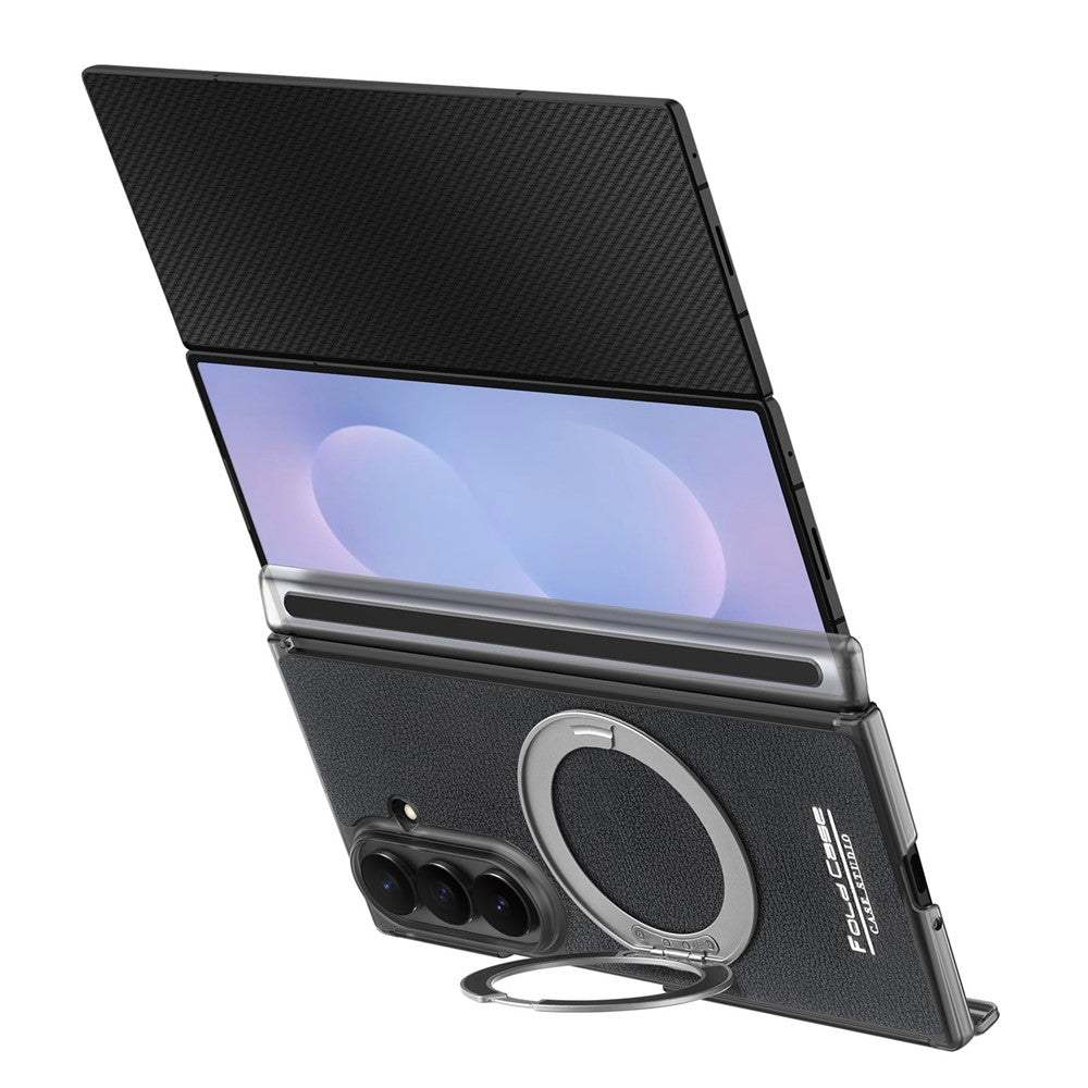 Til Samsung Galaxy Z TriFold 5G Magnetisk Etui Litchi Tekstur Læder Telefoncover med 360 Roterende Ring Kickstand