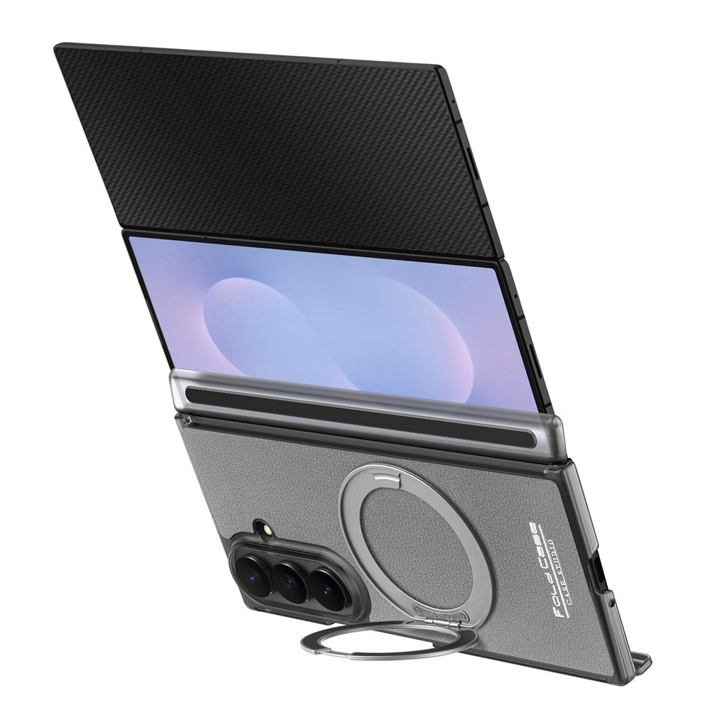 Til Samsung Galaxy Z TriFold 5G Magnetisk Etui Litchi Tekstur Læder Telefoncover med 360 Roterende Ring Kickstand