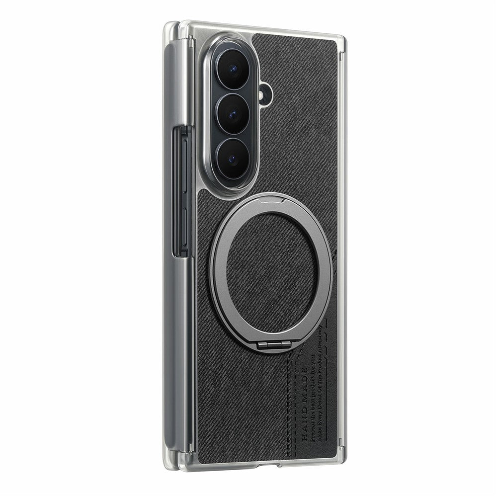 Til Samsung Galaxy Z TriFold 5G Magnetisk Telefoncover Dual Axis Stoftekstur Lædercover med 360° Roterende Ring Kickstand